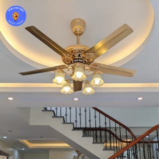 Quạt Trần Đèn 006 Cánh Thép Quạt Đèn Chùm Phong Cách Cổ Điển Trang Trí Phòng Khách (Bảo Hành 5 Năm)
