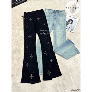 Quần jeans ống loe cạp cao đính đá bling bling, gấu quần lệch cách điệu lưng cao QCCC New LuciK Shop 6606 QD0070