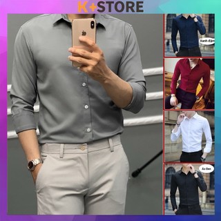 Áo sơ mi nam tay dài, công sở dáng ôm, chất liệu vải lụa thái, chống nhăn chống xù