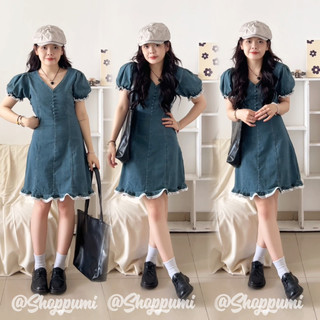 [ SHOPPUMI ]Đầm denim xanh ngắn cổ V viền bèo Freesize Pumi 15677