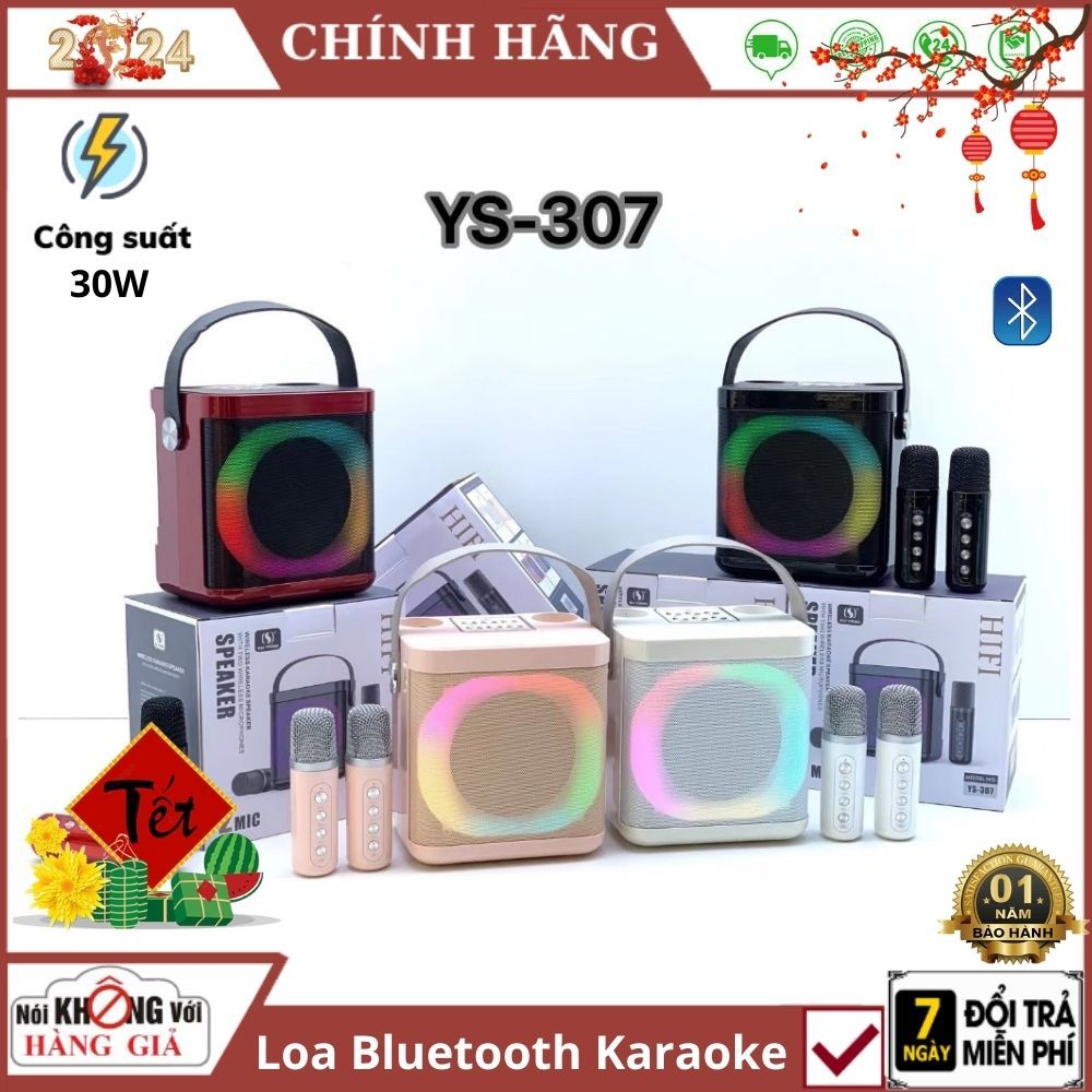 Loa Bluetooth Karaoke Kèm 2 Mic YS-307 SU-YOSD mini xách Có Đèn Led RGB thay Đổi Giọng pin trâu bass mạnh 30W hay tay