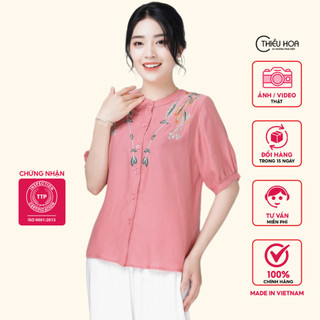 Áo thun trung niên Thiều Hoa chất liệu Linen có thêu hình tỉ mỉ, sang trọng B0204