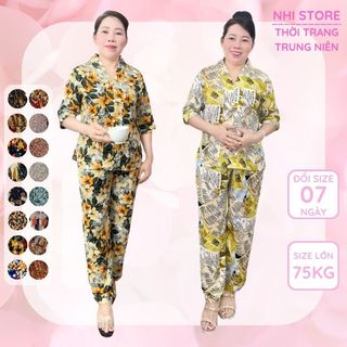 Đồ Lam - Đồ Bộ Trung Niên NHISTORE Pijama Lụa HongKong Cổ Chui Tay Lửng Quần Dài Có Túi Big Size Từ 45 - 85Kg