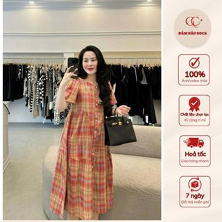 Đầm babydoll dáng dài, Đầm caro thiết kế nút cài chất vải đũi cao cấp. Mặc đi làm đi tiệc thoải mái.
