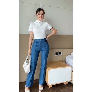 femei - Áo thun gân tay ngắn cổ cao màu Trắng basic