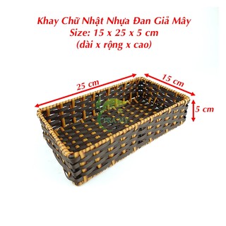 Khay Chữ Nhật 15 x 25 cm, Khay Mây Nhựa Mây Đan Khung Sắt Màu Nâu Vàng Đựng Hoa Quả Bánh Kẹo