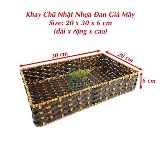 Khay Chữ Nhật 20 x 30 cm, Khay Mây Nhựa Mây Đan Khung Sắt Màu Nâu Vàng Đựng Hoa Quả Bánh Kẹo