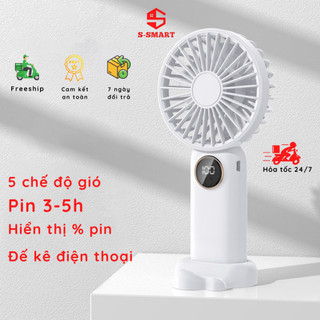 Quạt mini cầm tay có hiển thị phần trăm pin, quạt tích điện pin lên đến 5h, gồm 5 chế độ gió