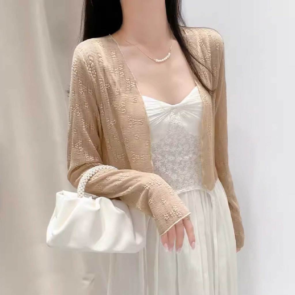 Áo khoác cardigan dài tay nữ vải len lưới hoa nổi xuyên thấu dáng croptop khoác ngoài đầm kiểu, áo dây xinh xắn