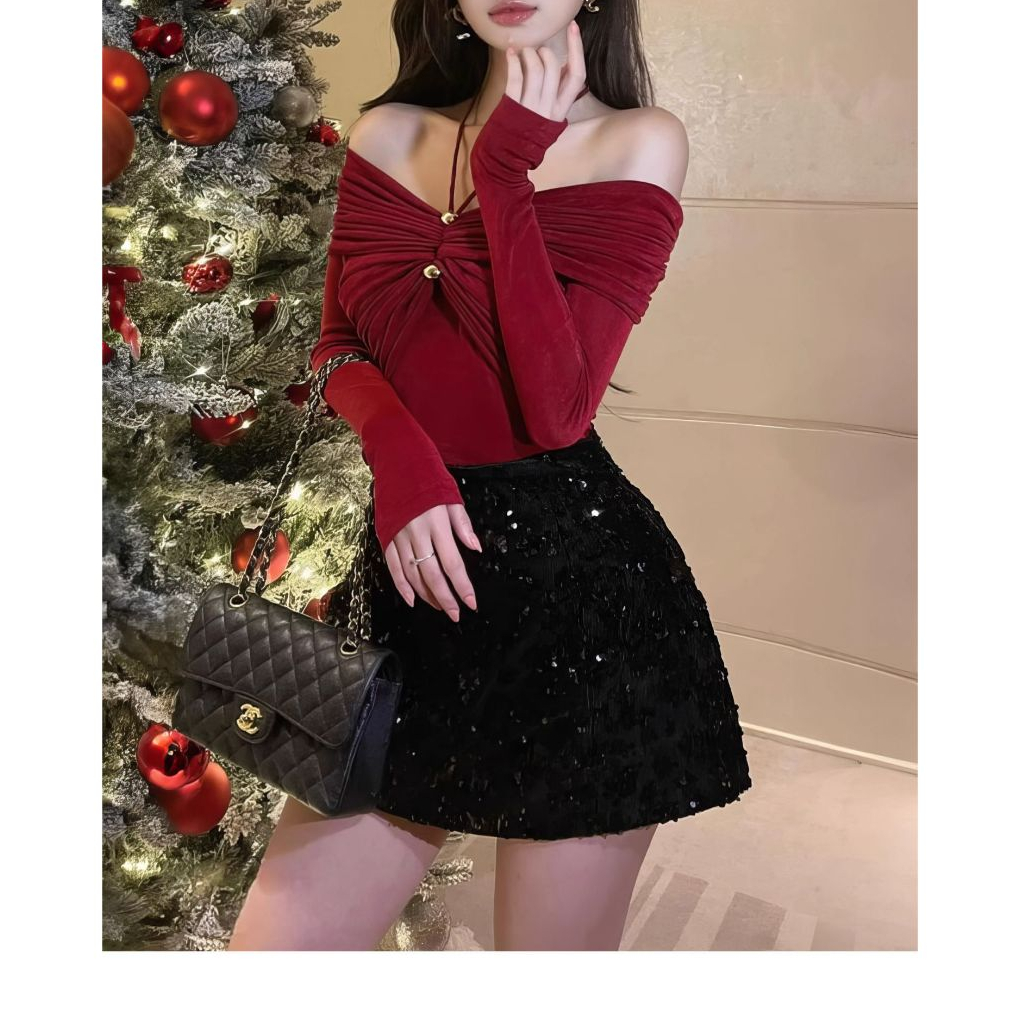 Áo thun ánh kim tay dài nhún ngực cột dây yếm 3 màu sang chảnh