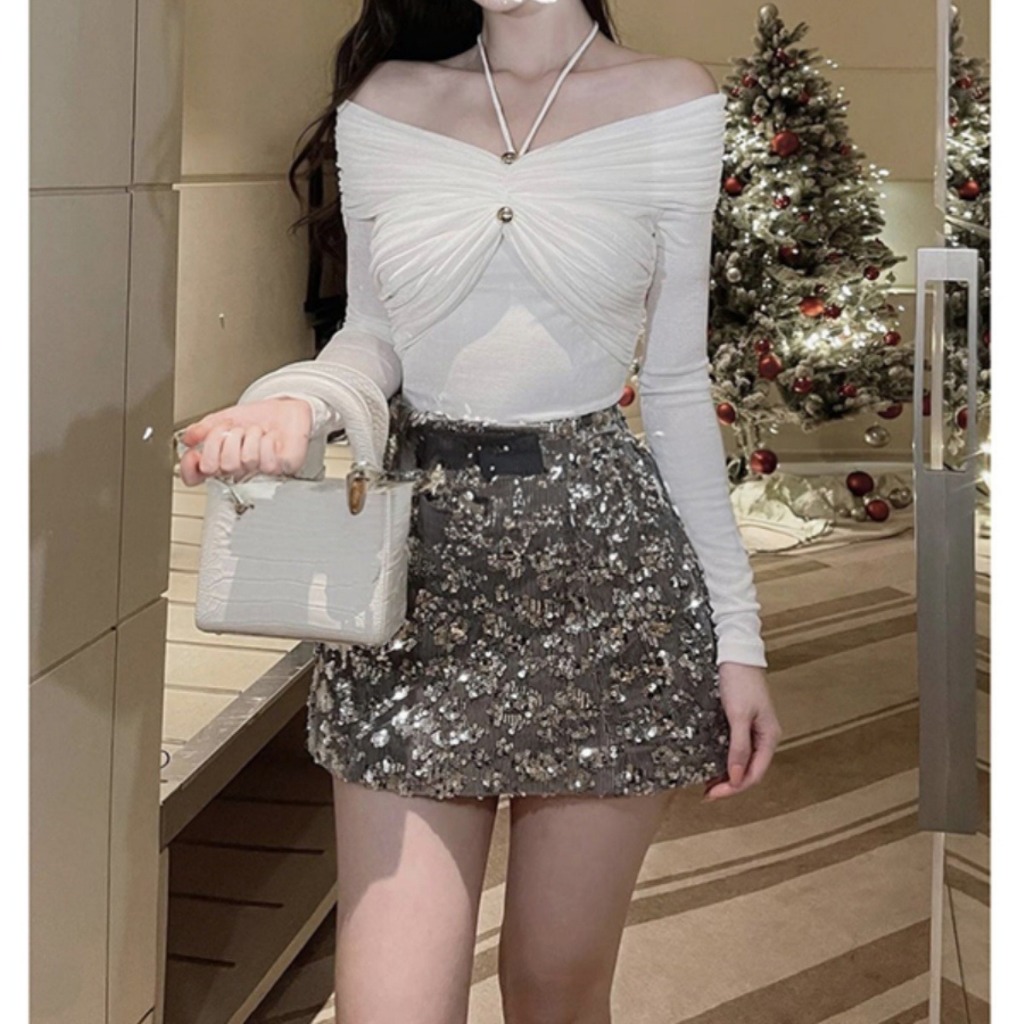 Áo thun ánh kim tay dài nhún ngực cột dây yếm 3 màu sang chảnh