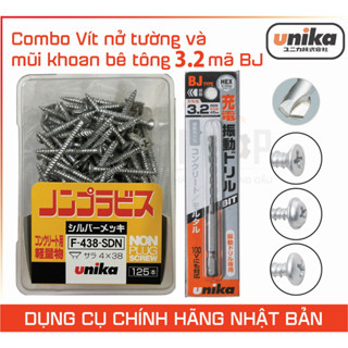 Combo Ốc vít bắt tường, bê tông (Vít nở tường) không cần tắc kê Unika mã F438 (đầu bằng) 4x38 mm vs Mũi khoan BJ3.2