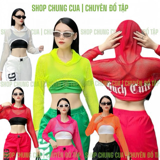 Áo tanktop lưới khoác ngoài dài tay có mũ, áo croptop lưới thể thao nữ tập aerobic, nhảy dance, shuffle nhiều màu lựa ch