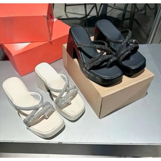 Dép xuồng nữ đế PU 9cm NGỌC TRINH STORE dây xoàn óng ánh xỏ ngón sang chảnh cực kì_ MÃ 007_ L1A.