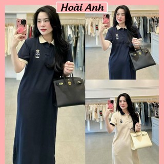 Đầm suông nữ cổ polo phối màu thêu gấu w ngắn tay váy nữ dáng dài freesize form rộng