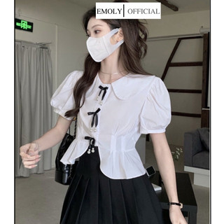 Áo sơ mi nữ cổ búp bê tay bồng vạt chéo phối nơ xinh xắn phong cách Hàn Quốc