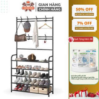 Giá để giày dép đa năng 4 tầng, kệ treo đồ đa năng thông minh tặng kèm 8 móc treo đồ chất liệu thép cao cấp chắc chắn