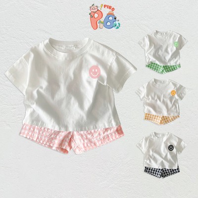 Bộ Đồ Bé Gái Bé Trai IN Họa Tiết Smile Nhỏ Màu +Áo Thun Cộc Tay Cotton và Quần Đùi Kẻ Cho Bé BCTCTQDK BaByBoo PiBo