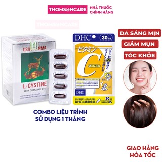 Combo viên uống trắng da Lcystine 60 viên và Vitamin C DHC 60 viên sáng mịn da, giảm thâm mụn, tóc chắc khỏe