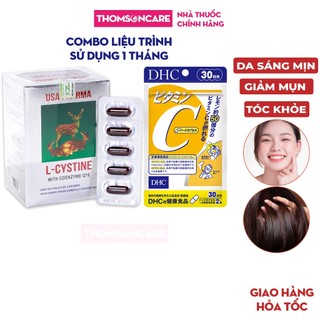 Combo trắng da Vitamin C DHC 60 viên và Lcystine 60 viên, giúp sáng mịn da, giảm thâm mụn, tóc chắc khỏe - Thomsoncare