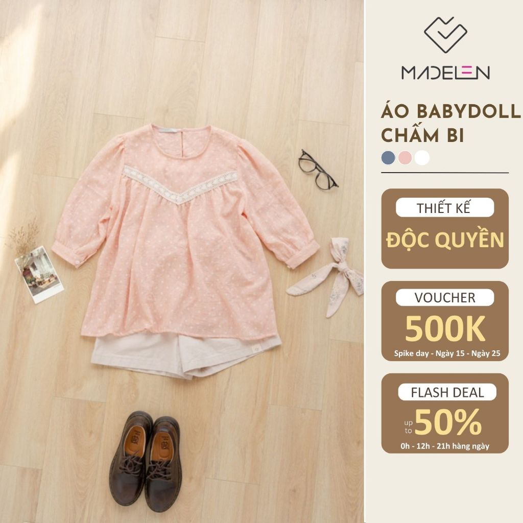 Áo babydoll tay lỡ họa tiết chấm bi viền ren xinh xắn MADELEN