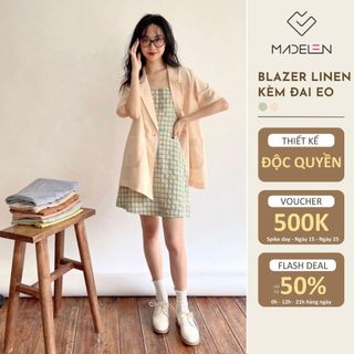 Áo blazer ngắn tay vải linen kèm đai eo MADELEN