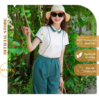 Set đồ nữ elvax áo sơ mi linen trắng cổ sen cộc tay phối quần baggy xanh tôn dáng