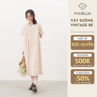 Váy ngắn tay vintage suông be dáng dài MADELEN