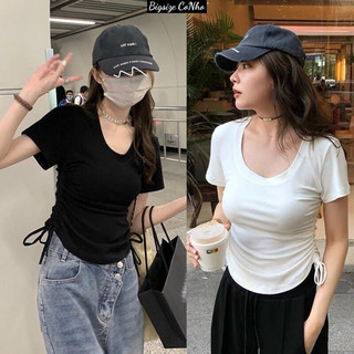 Áo kiểu nữ thun tăm dây rút eo cổ tròn basic đi học đi chơi A221