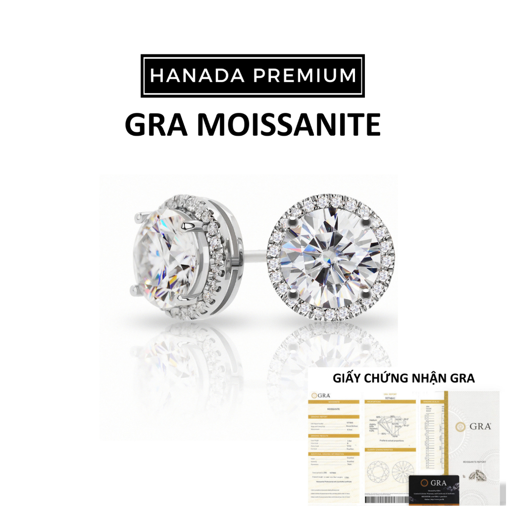 Bông Tai Hanada Kim Cương Moissanite 6.5MM Tròn Đá Bạc 925 Phủ Bạch Kim Không Đen Không Mờ Nam Nữ