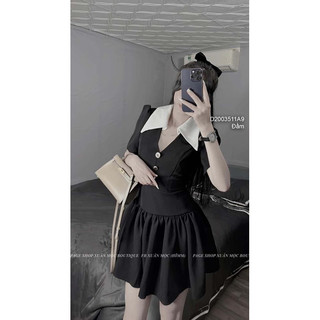 Đầm xòe đen cổ sơ mi phối màu tay ngắn sang trọng VIENS STORE