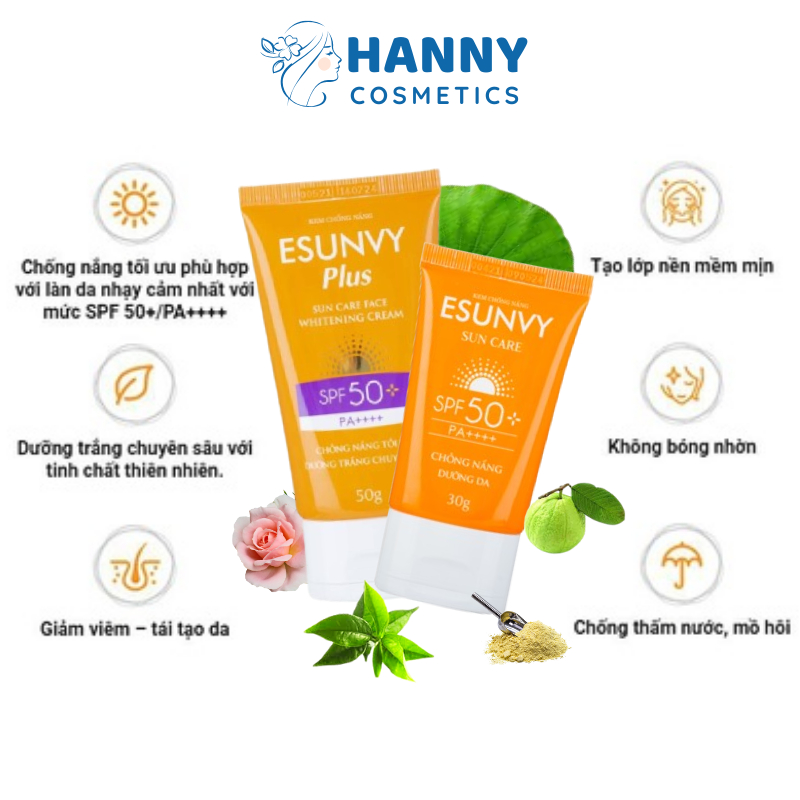 Kem chống nắng ESUNVY PLUS SPF50+/PA++++ dưỡng ẩm, dưỡng trắng, nâng tone, chống lão hóa kiềm dầu 50g 30g - Hanny