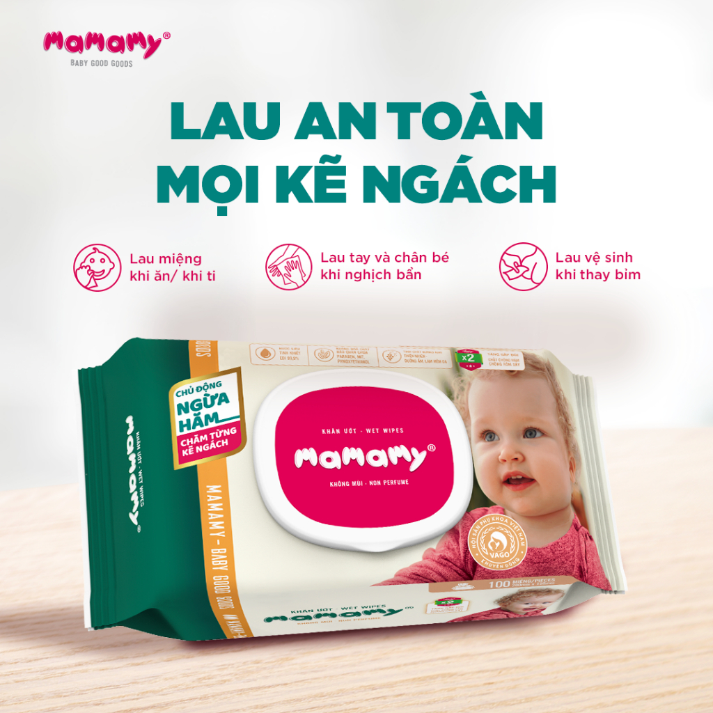 Khăn giấy ướt Mamamy 100 tờ/gói có nắp chủ động ngừa hăm cho bé