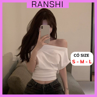  Áo Croptop Tay Ngắn Trễ Vai Cánh Dơi RANSHI Phối Nhún Eo Hack Dáng Siêu Xinh Chất Thun Cotton Mềm Mại - RA212