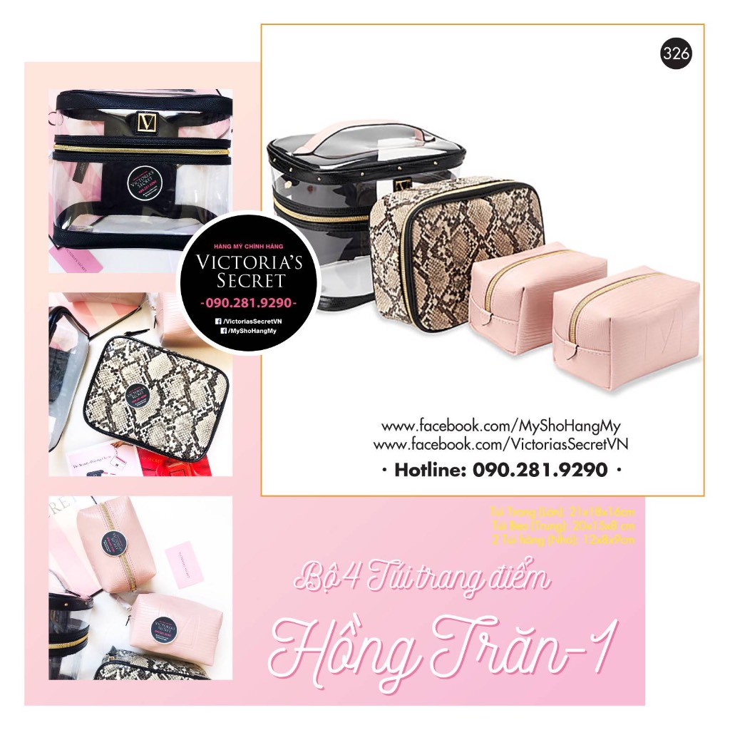 Bộ túi trang điểm sọc hồng siêu xinh, gọn nhẹ - Hàng nhập Victoria's Secret USA