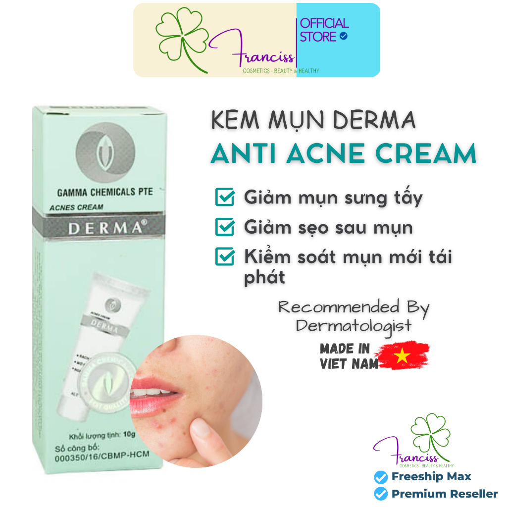 Kem Giảm Mụn, Giảm Sưng, Mờ Thâm Anti Acne Cream DERMA Gamma Chemicals 10g
