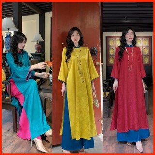 Áo dài cách tân dáng suông gấm tơ phối cổ theo màu quần sang trọng trẻ trung cao cấp