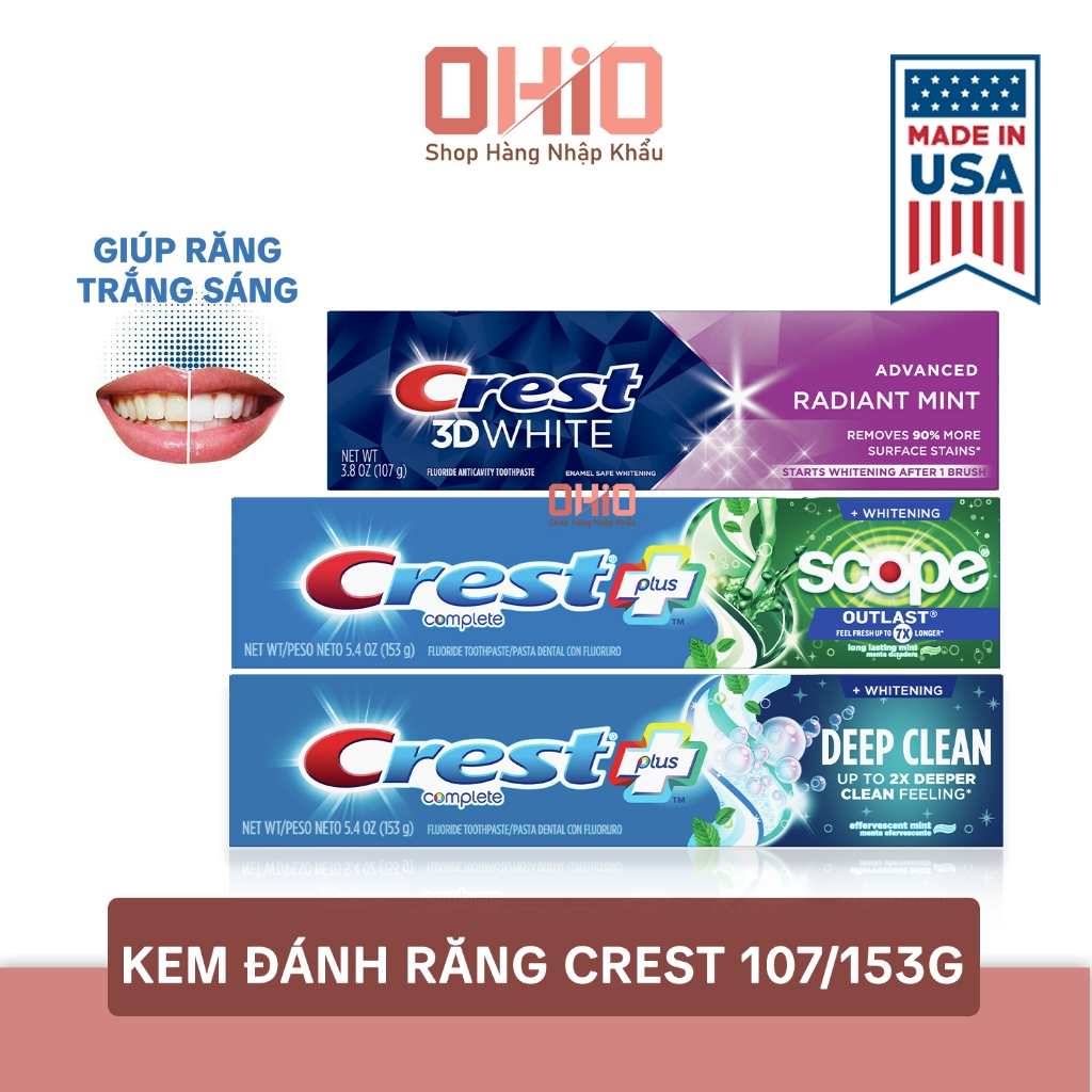 [USA] Kem Đánh răng Crest Trắng răng, ngừa sâu răng 107/153g (hộp đơn/hộp đôi)- Ohio Shop