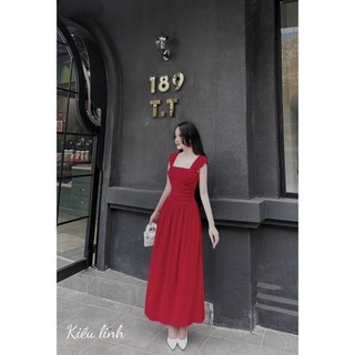 Đầm tăm lạnh maxi cổ vuông tay sác nách dáng váy dài xòe nhẹ xực xinh