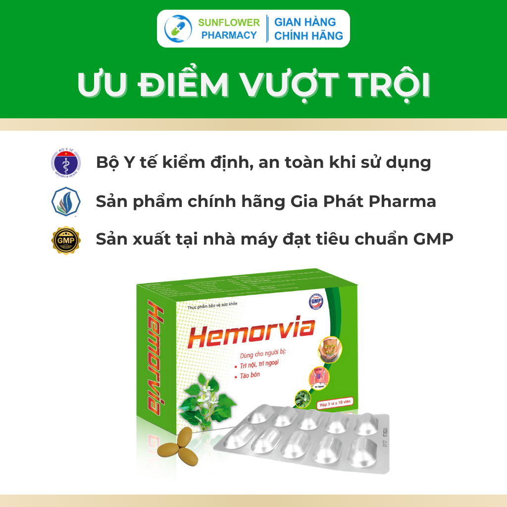 Viên Uống Co Búi Trĩ, Giảm Sưng Đỏ Và Đau Rát Hậu Môn, Hỗ Trợ Nhuận Tràng, Táo Bón Hemorvia Gia Phát Pharma 30 Viên/Hộp