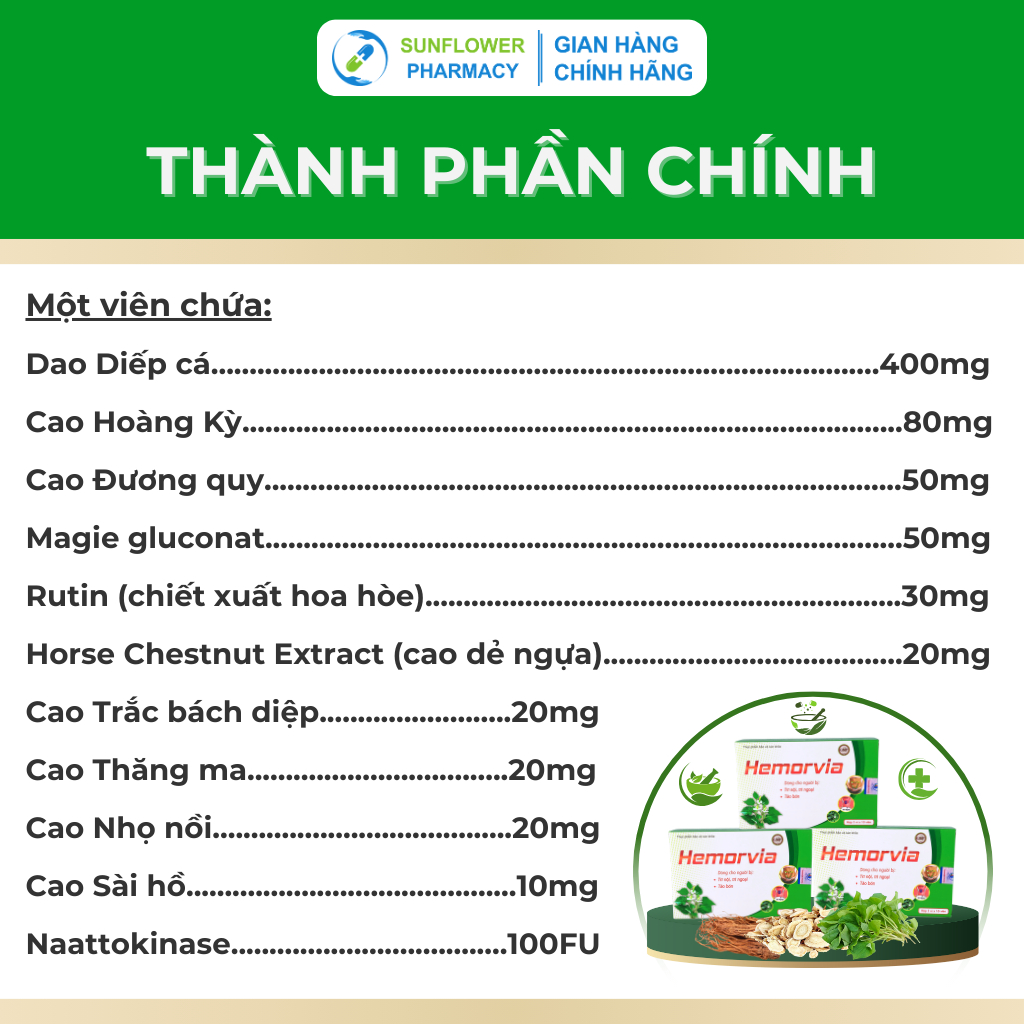 Viên Uống Co Búi Trĩ, Giảm Sưng Đỏ Và Đau Rát Hậu Môn, Hỗ Trợ Nhuận Tràng, Táo Bón Hemorvia Gia Phát Pharma 30 Viên/Hộp