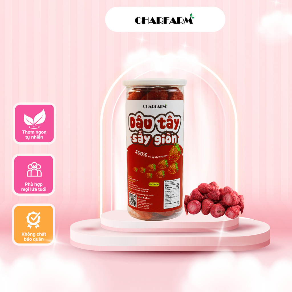 Dâu tây sấy lạnh giòn công nghệ sấy thăng hoa Hũ PET 1000ml ít đường, ít chất béo tự nhiên vị trái cây CHARFARM