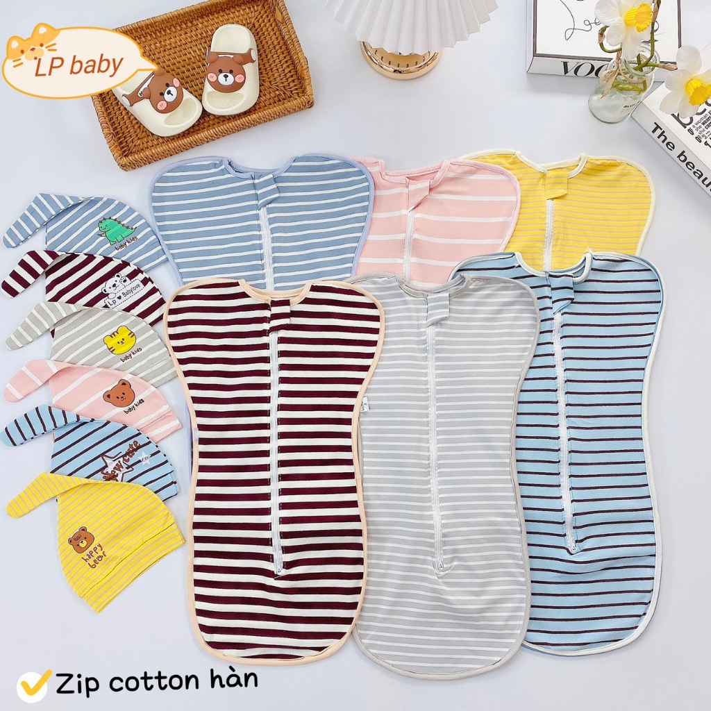 (MS85)Nhộng chũn cho bé sơ sinh cao cấp kèm mũ thắt nút giúp bé ngủ sâu êm giấc