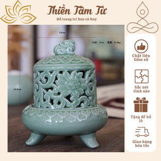 Lư gốm xông trầm xanh ngọc 3 chân, lư gốm đốt trầm hương, lư hương đốt trầm gốm cao cấp kèm quà tặng