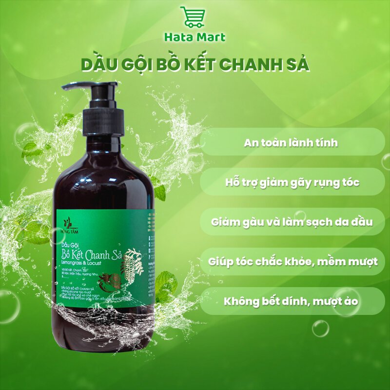 Dầu gội bồ kết chanh sả HATA 500ml, dầu gội đầu giảm gãy rụng tóc, giảm gàu, kích thích mọc tóc