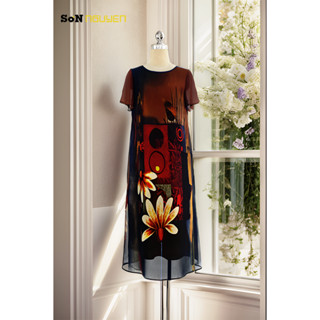 SONNGUYEN Đầm dự tiệc trung niên phom suông dài giấu bụng 33705