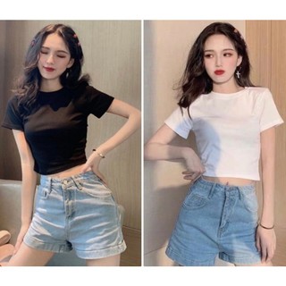 Áo Croptop Ngắn Tay Kiểu Dáng Basic Chất Thun Co Giãn