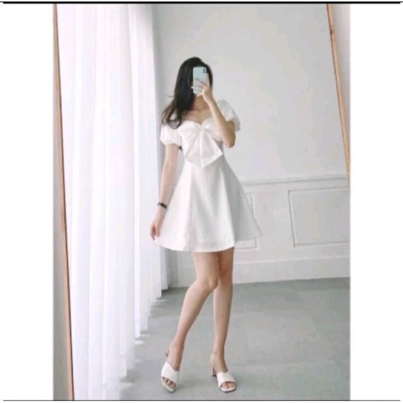 RẺ NHẤT SHOPEE váy trắng dự tiệc nơ ngực xinh xắn style Hàn Quốc