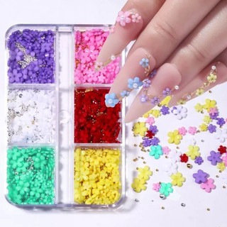 Charm hoa sứ kèm bi, Set 6 màu charm hoa nhí và bi trang trí móng đủ size