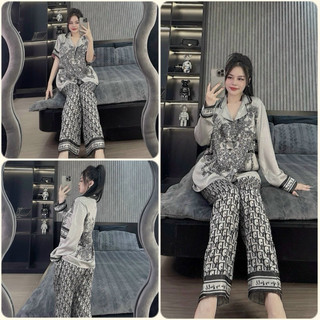 Đồ bộ Pyjama nữ thiết kế in 5D D.O xám lụa xước Sam cao cấp
